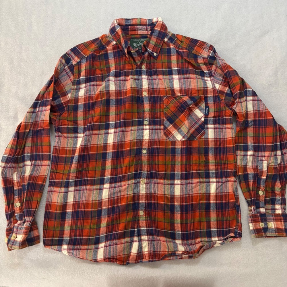 Woolrich Mens Medium Orange Blue Plaid Flannel Button Down Shirt Long Sleeve